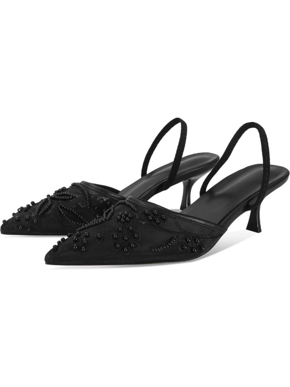 Floral Embroidered Slingback Kitten Heels - Pointed Toe Backless Bridal Sandals